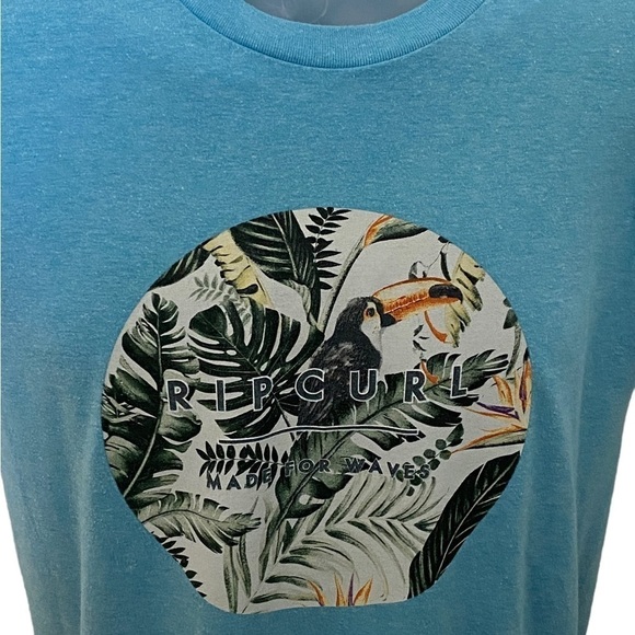 RIP CURL “Made for Waves” Toucan Hawaiian Floral Turquoise Tee Shirt Men S Small - Picture 2 of 5